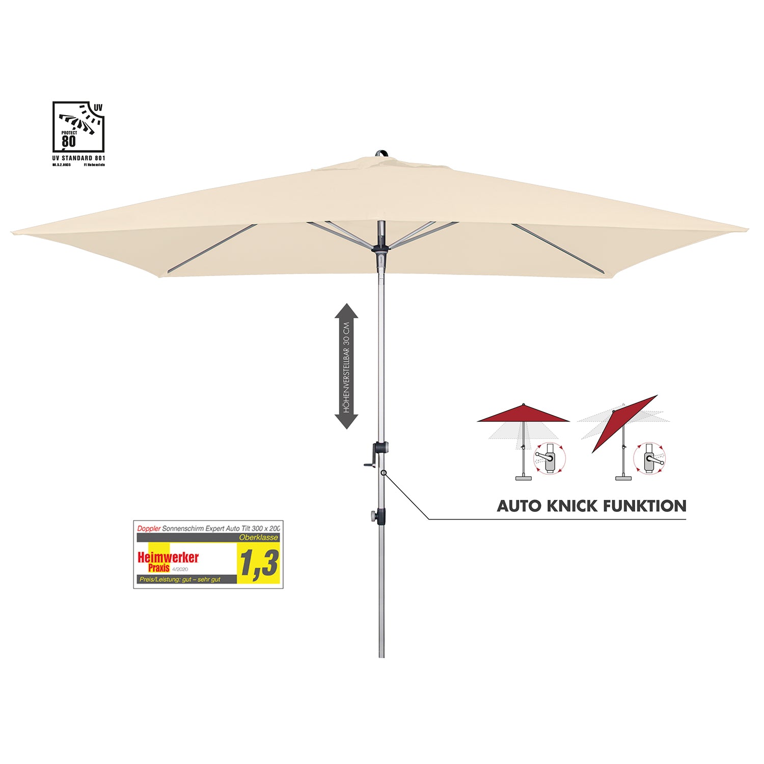 Doppler Sonnenschirm / Kurbelschirm &quot;Expert 300 x 200 Auto Tilt&quot; (natur, 300 x 200 cm)