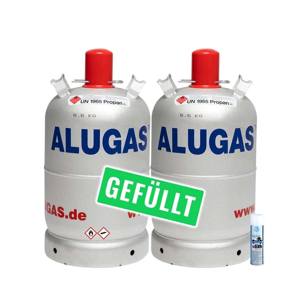 BlueCraft Camping-Gas, 2X Alu Propangas Flasche 11kg gefüllt inkl. Lecksuchspray