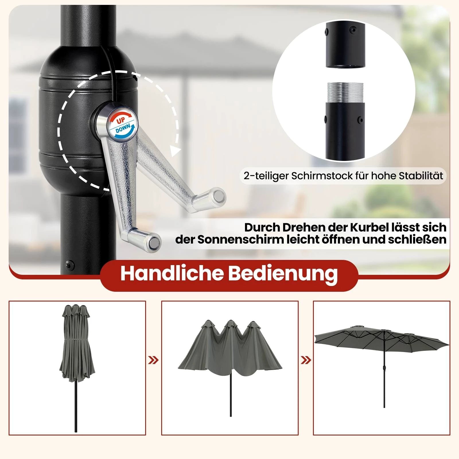 EUGAD Sonnenschirm, Outdoor-Sonnenschutz UPF50+, mit Kurbelmechanismus