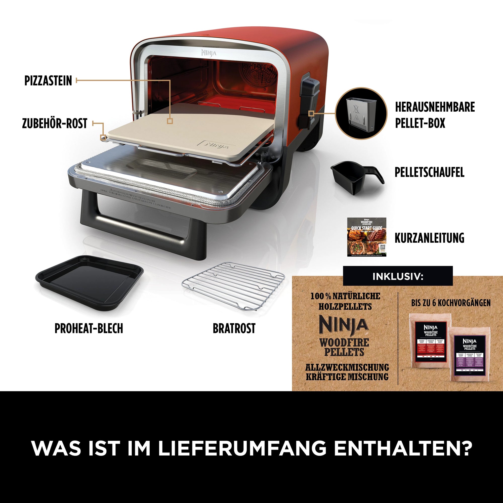 NINJA Multiofen OO101EU, Elektrischer Outdoor Pizzaofen und Smoker, 8-in-1: Pizza, Schmoren