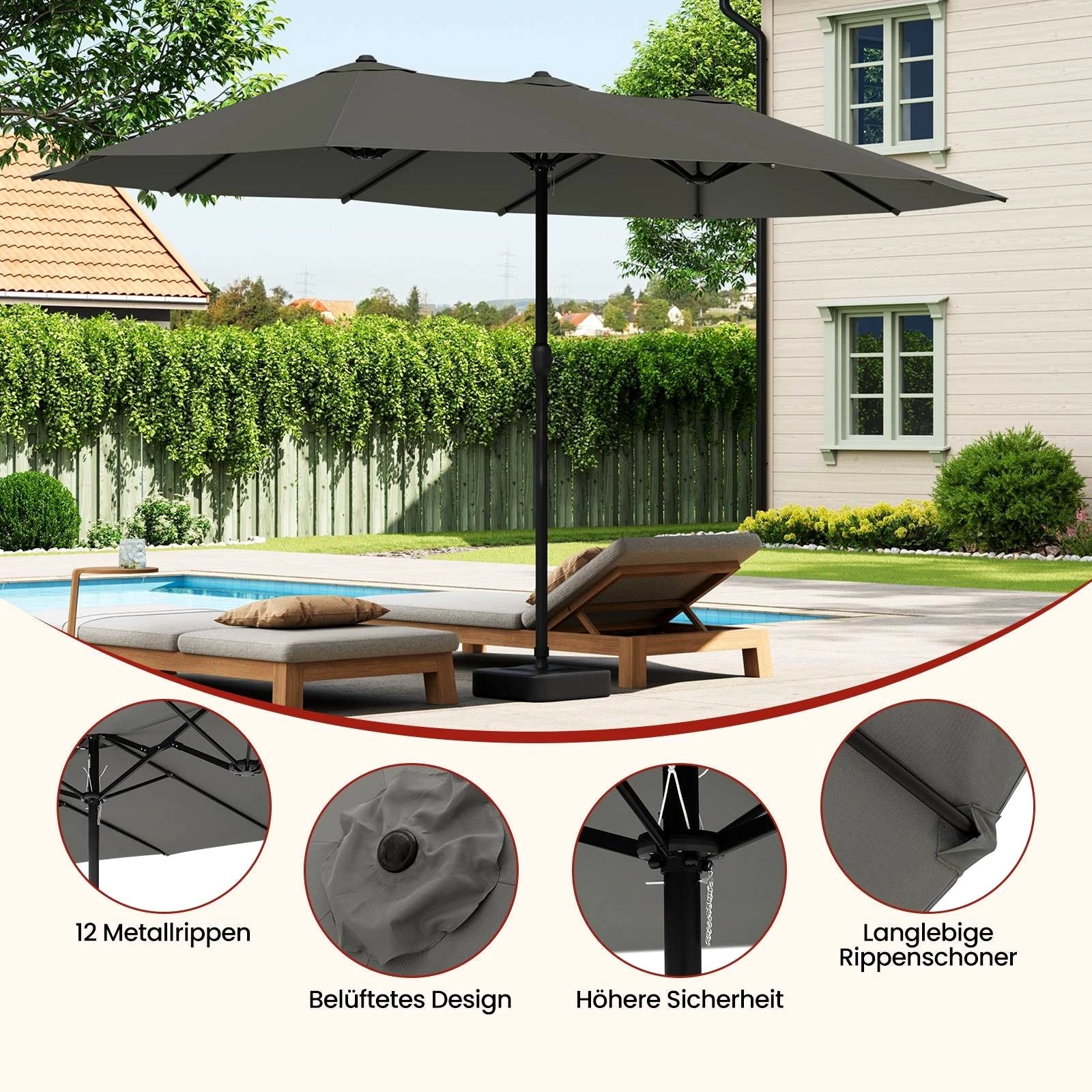 EUGAD Sonnenschirm, Outdoor-Sonnenschutz UPF50+, mit Kurbelmechanismus