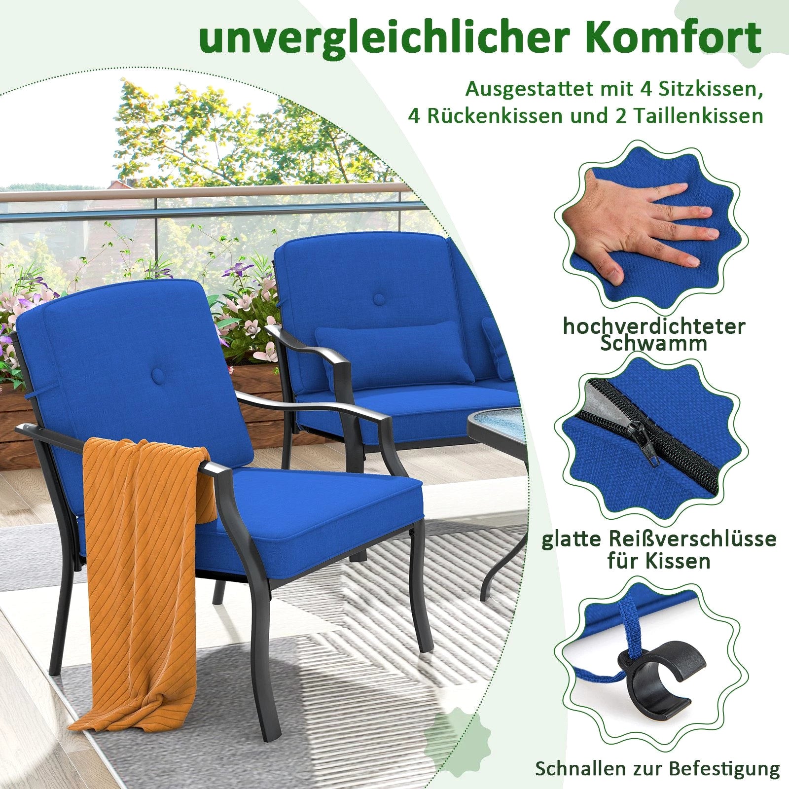 COSTWAY Gartenlounge-Set Balkonset , mit Sitz- &amp;amp;Taillenkissen, wetterfest Metall für Garten